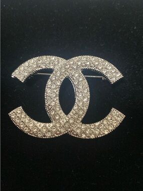 Silver Crystal Double C Brooch